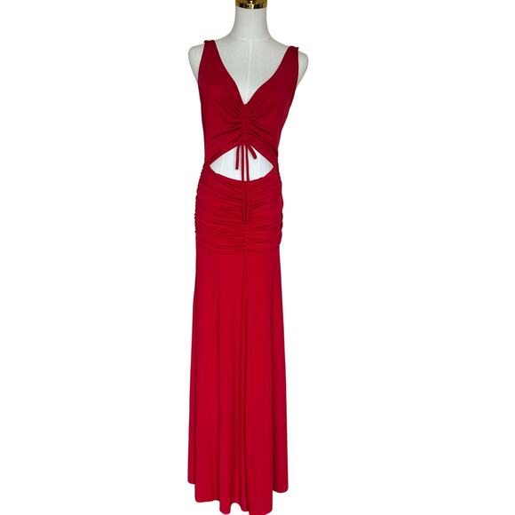 Zac Posen Red Cutout Waist Maxi Dress Size 10 Jersey Ruched Gown Designer $550 - Picture 7 of 11